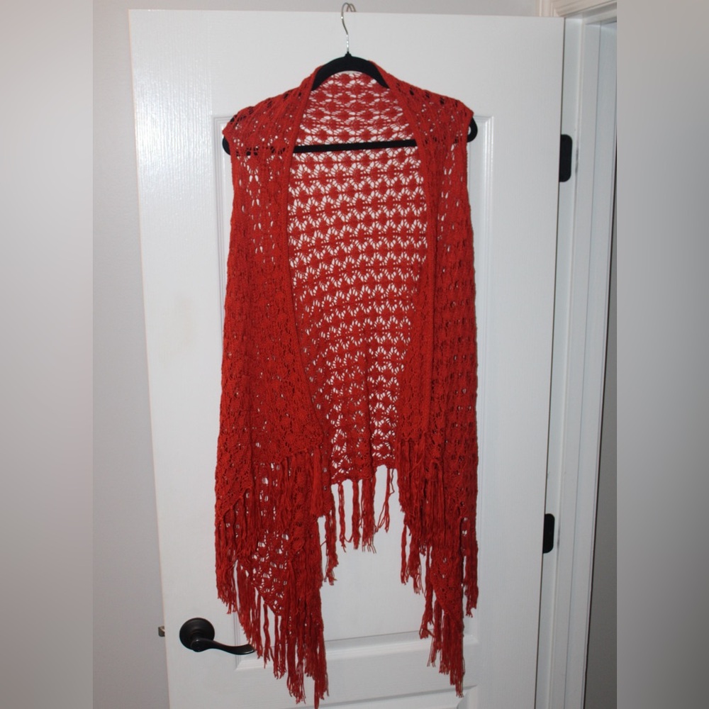 Entro Red Fringe Poncho Sweater